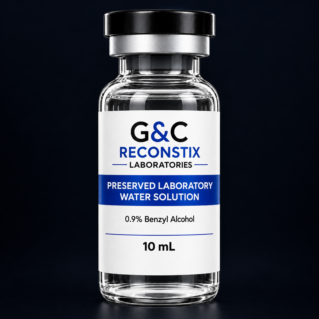 G&C Reconstix 10 mL research-use glass vial with black flip-off cap
