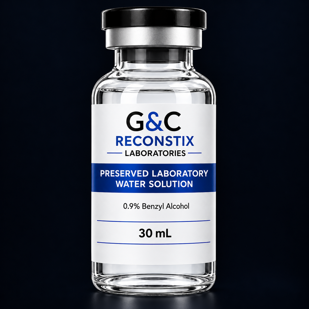 G&C Reconstix 30 mL research-use glass vial with black flip-off cap