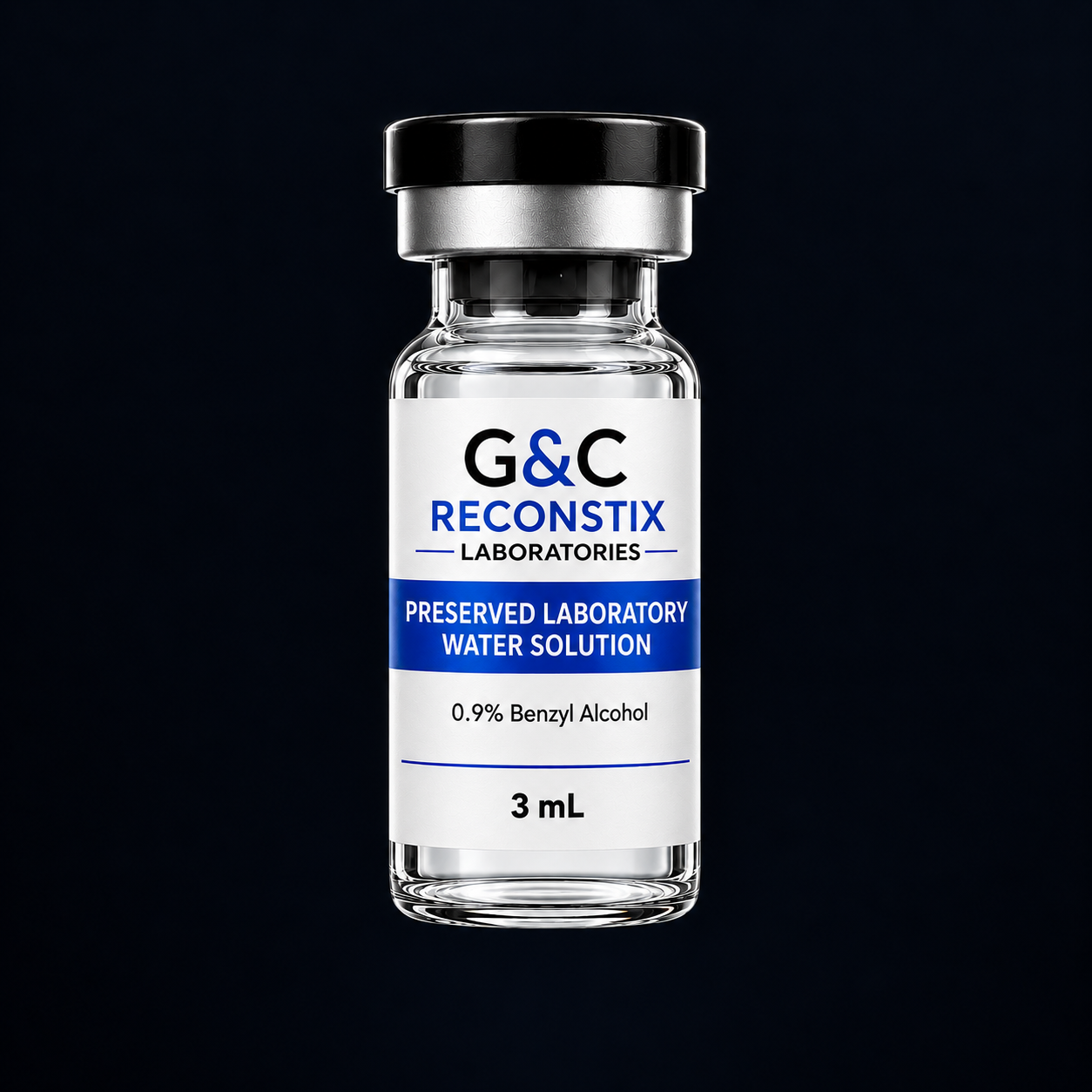 G&C Reconstix 3 mL research-use glass vial with black flip-off cap